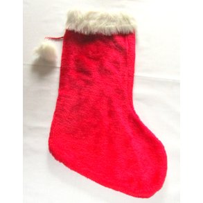 Rd Julesok i plys med navn.