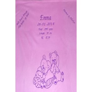 Lys Pink tppe med navn & dato & lilla trd.