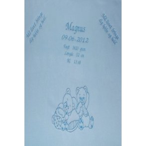 Blt tppe med bl trd & navn.