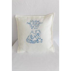 Rhvid pude med bl trd & alle data.