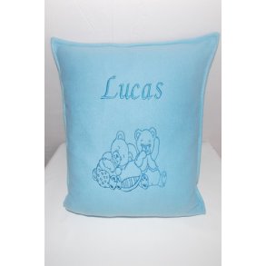 Lysebl� pude med bl� tr�d & navn.