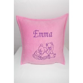 Lys pink pude med lilla tr�d navn.