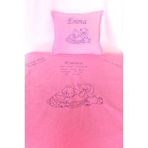 Lys pink tppe med alle dataer & pude & lilla trd.