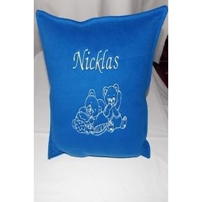 Coboltbl pude med med hvid trd & alle data.