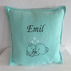 Mintgr�n pude med navn.