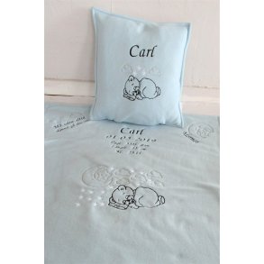 Lysebl tppest med alle dataer & pude.