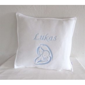 Hvid pude med lysebl� tr�d & navn.