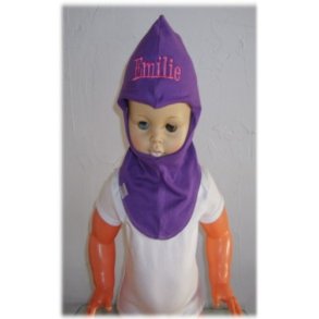 Elefanthue lilla med navn.