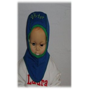 Elefanthue coboltbl med navn.