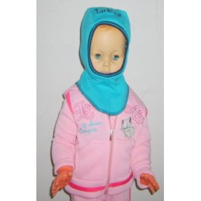 Elefanthue i turkis med navn.