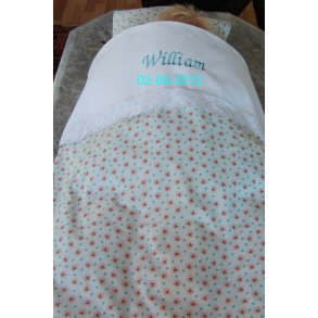 Mnstret Baby Sengetj lys turkis med navn & dato.