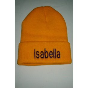 Strikhue lille Gul med navn.