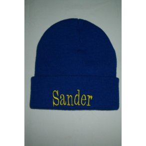 Strikhue lille Coboltbl med navn.